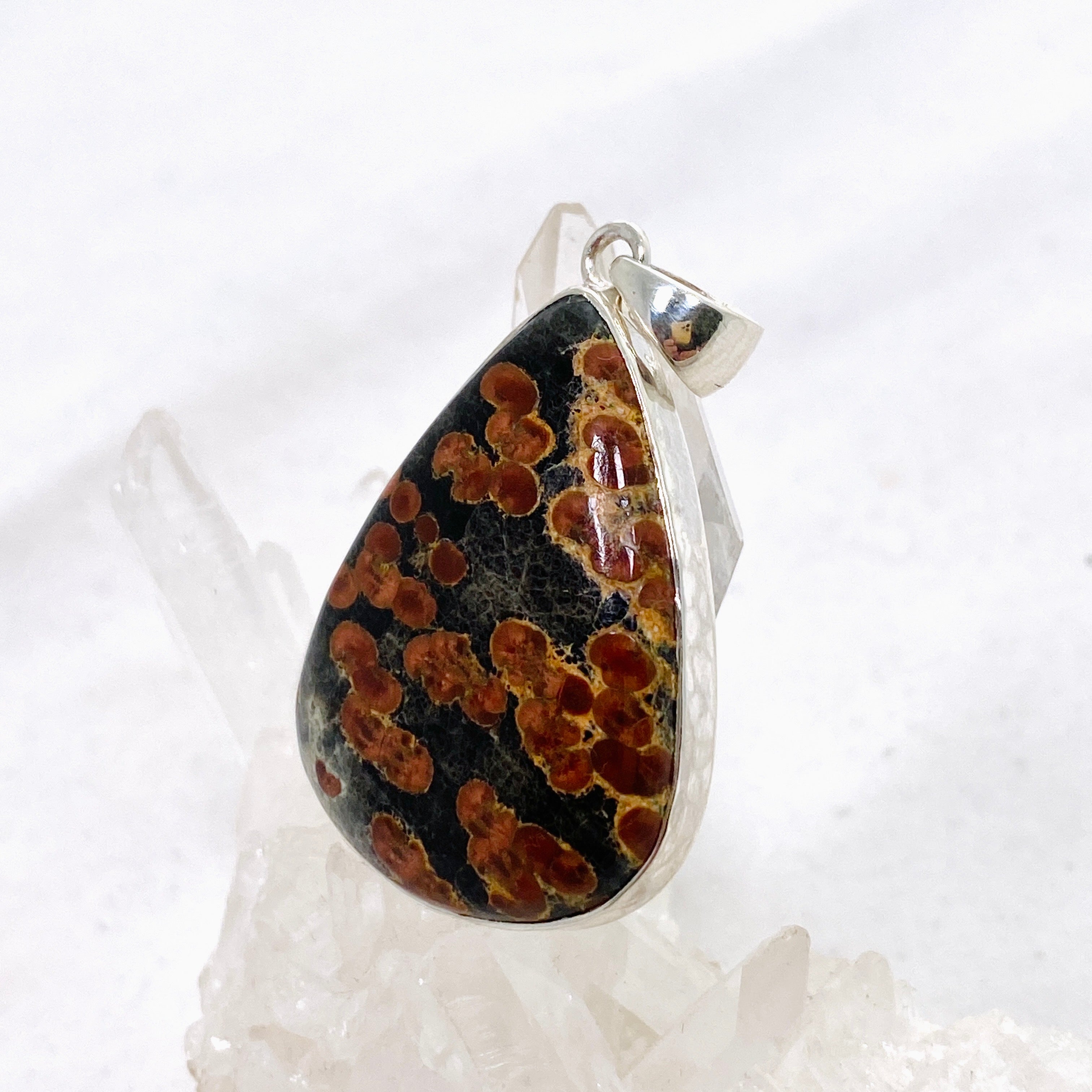 Natural Peanut Obsidian Perlite Teardrop Cabochon Pendant - Handmade Hammered Silver Setting KPGJ4767 - Perfect for Jewelry Making, Gifts & Spiritual Healing