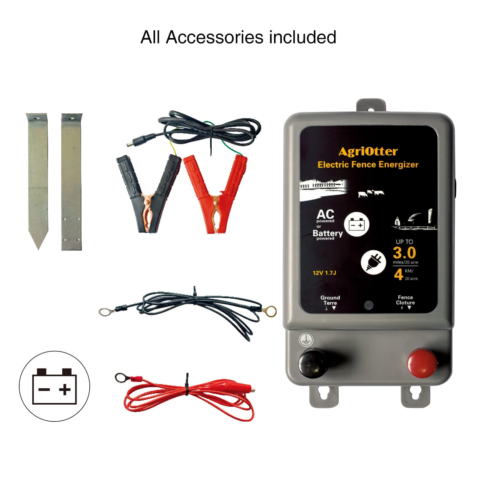 15 Acre Electric Fence Energizer - 8000V 1.75J Pulse Fence Charger with 2-in-1 Power (Battery & AC Outlet) for Farm, Ranch & Livestock Protection