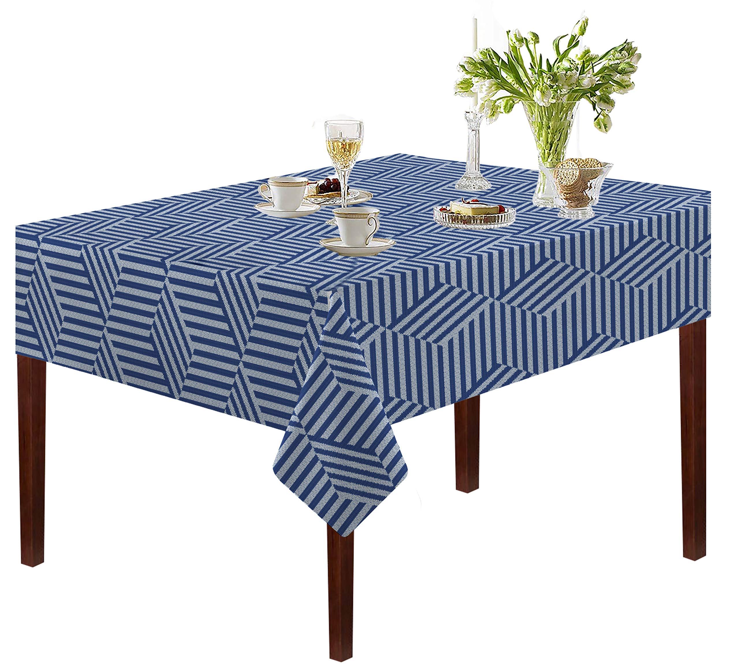 Premium Cotton Yarn Dyed Jacquard Tablecloth - Blue Fret Pattern (Fits 2-Seater Tables) - Elegant Dining & Home Decor for Parties, Weddings & Everyday Use
