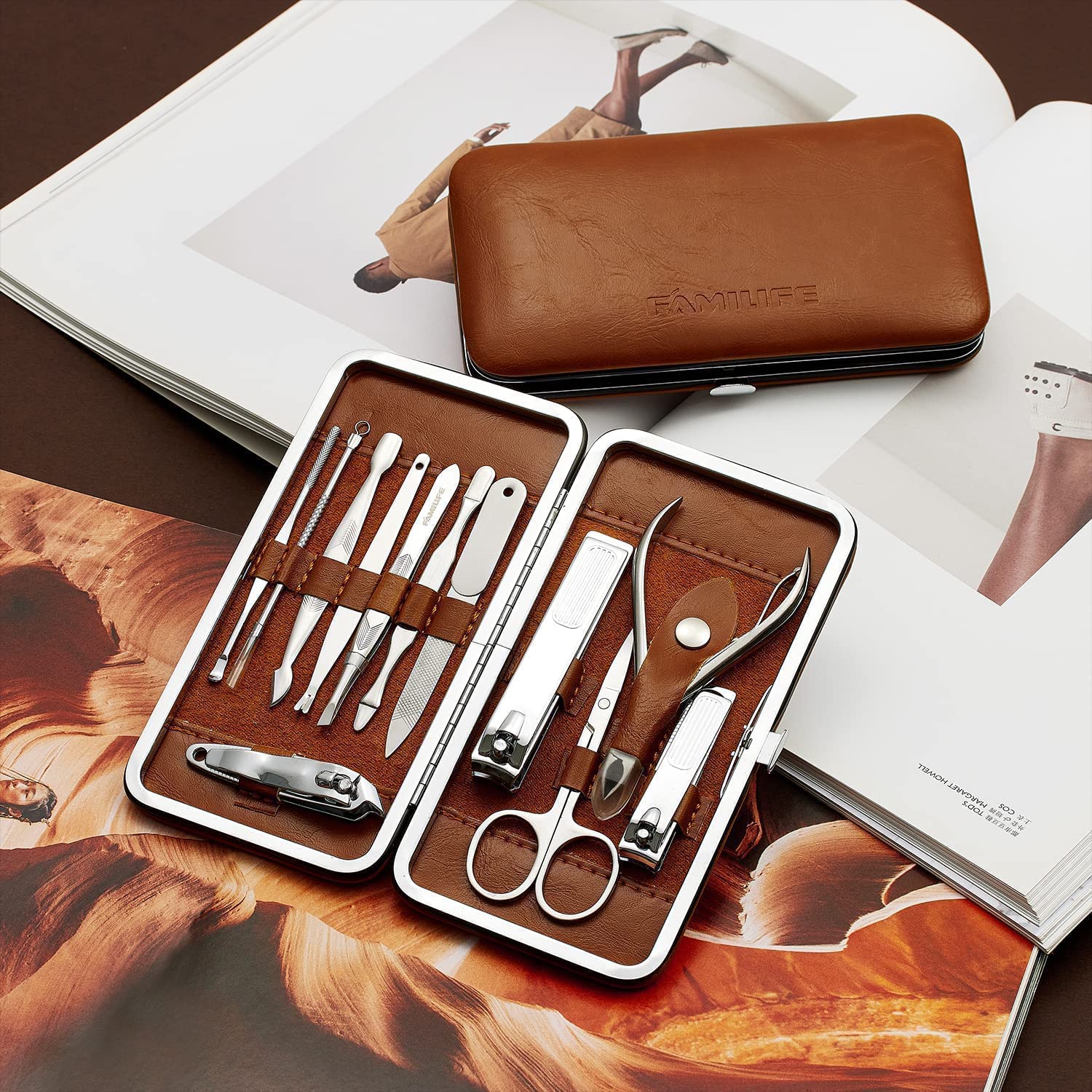 Professional FAMILIFE L07 100% Stainless Steel Ingrown Toenail File & Lifter - Double Sided Manicure Pedicure Kit with 12 Pieces - Perfect for Women's Nail Care, At-Home Grooming & Salon Use