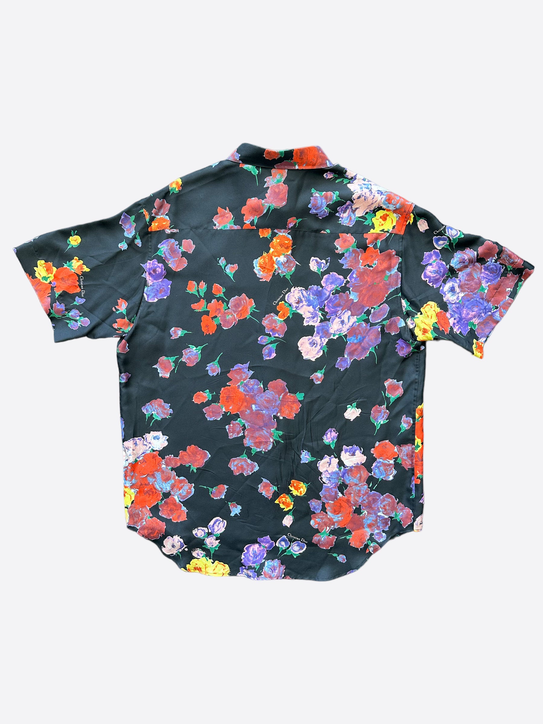 Dior Kaws Black Floral Print Silk Button Up Shirt for Men - Luxury Designer Casual Wear for Parties & Date Nights