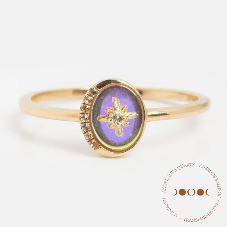 Solid Gold Crystal Crescent Moon Ring for Manifestation & Spiritual Healing - Perfect for Meditation, Yoga, and Gift Giving