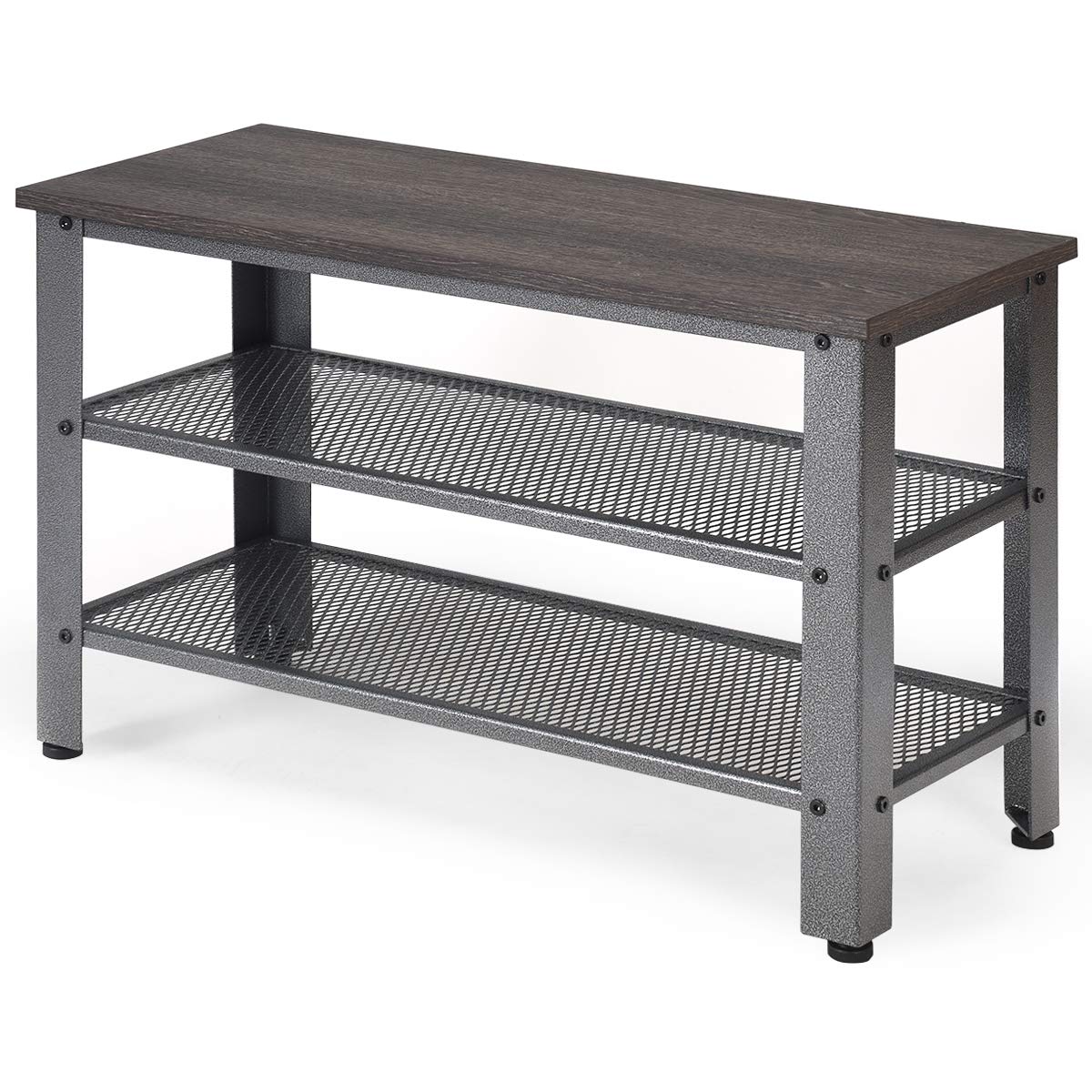 Industrial Metal Bench with 2 Mesh Shelves - Entryway Shoe Storage Organizer, Large Silver - Perfect for Mudroom, Hallway & Home Organization
