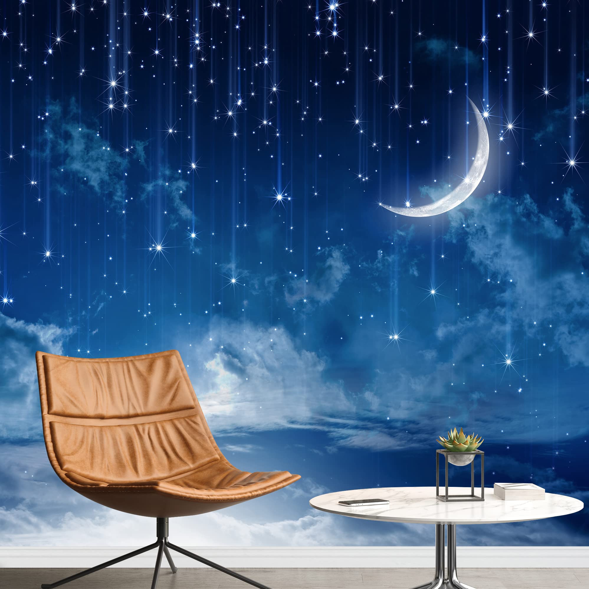 Wall26 Removable Wall Sticker - Crescent Moon & Falling Star Cloudy Sky Nature Photography Mural (100