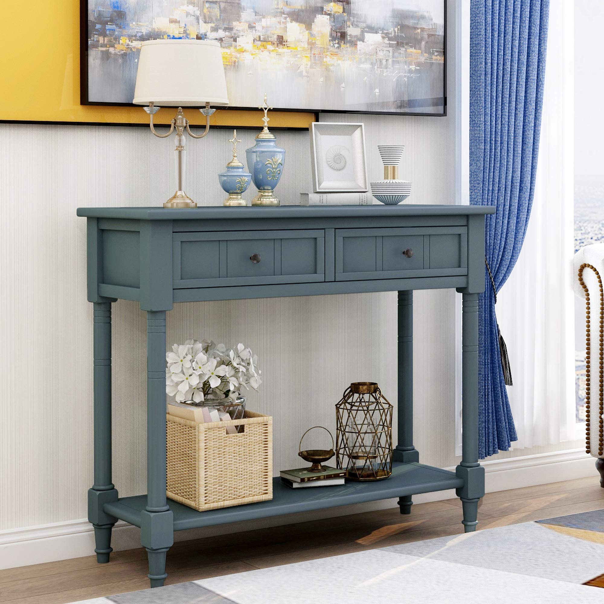 Farmhouse Console Table with 2 Drawers & Bottom Shelf - Acacia Wood Sofa Table for Living Room Entryway - Rustic Sideboard for Hallway Decor & Storage