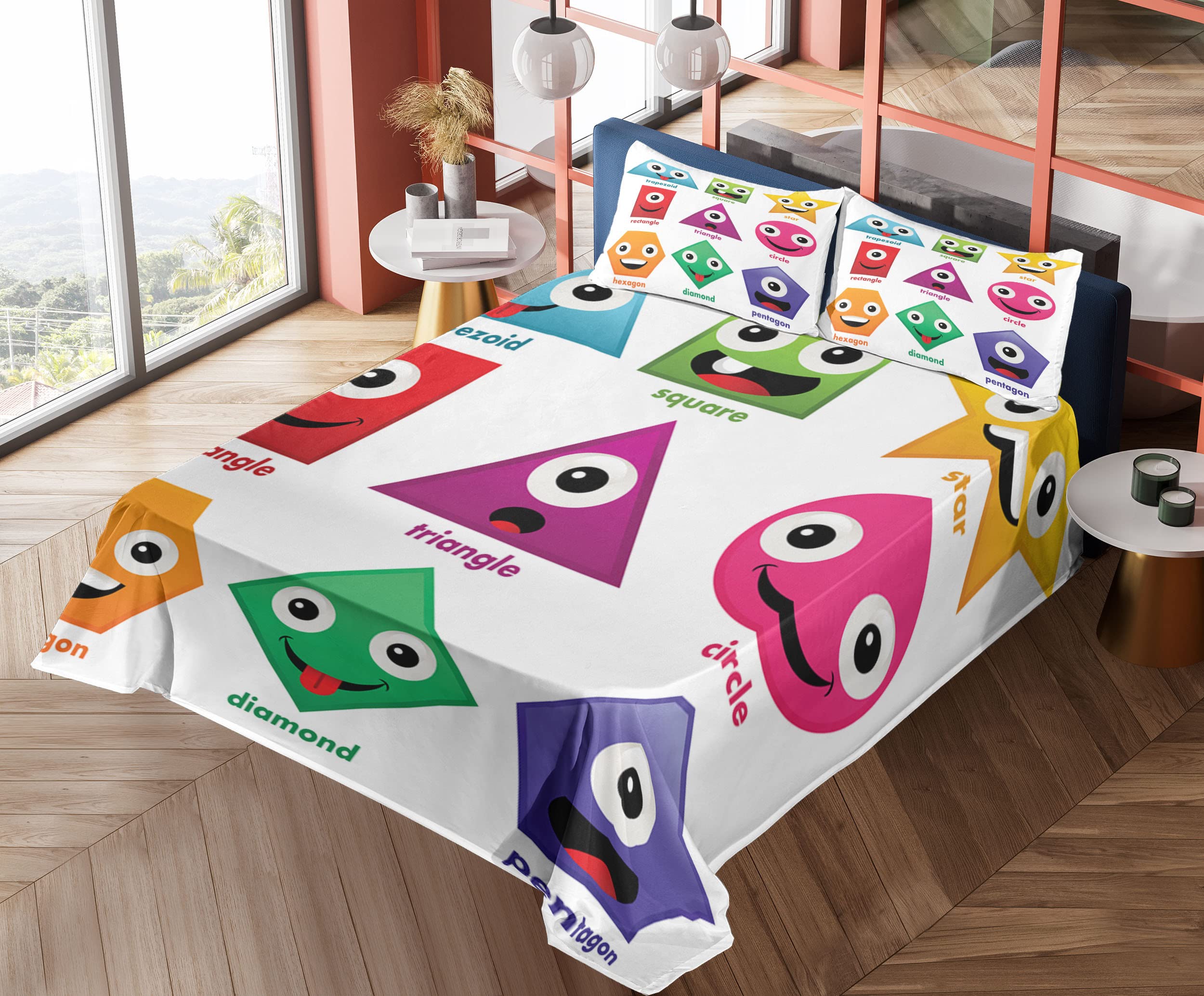 Ambesonne Science-Themed 4-Piece Sheet Set - Geometric Shapes with Funny Faces Cartoon Design, Soft Green & Purple Bedding (King Size) | Perfect for Kids' Rooms, Dorm Decor & Science Enthusiasts