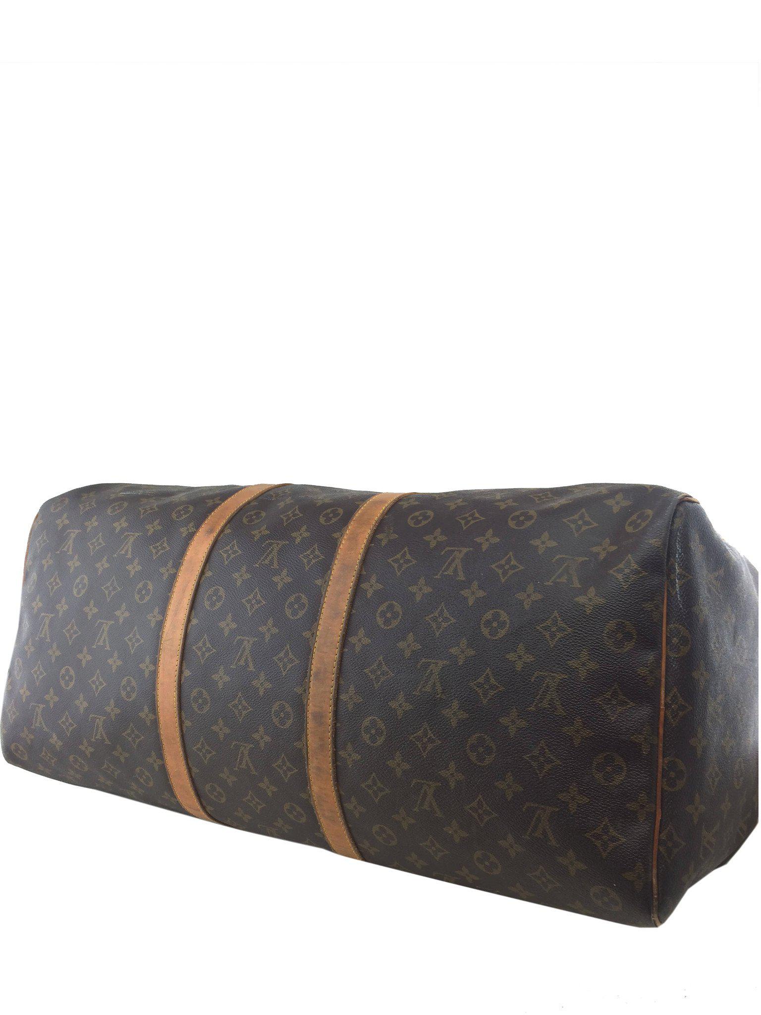 Authentic Louis Vuitton Vintage Monogram Keepall 55 Duffle Bag - Brown Canvas Travel Luggage with Adjustable Shoulder Strap - Perfect for Weekend Getaways & Business Trips