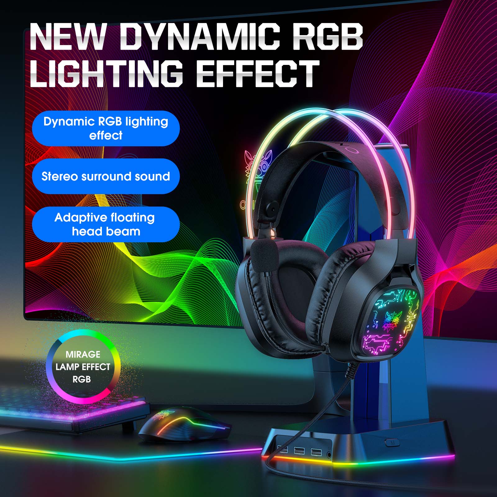 ONIKUMA X22 USB & 3.5mm RGB Gaming Headset with Microphone - Wired PC Headphones for Gaming, Streaming & Work - 1.8m Cable with Dynamic Cool Lighting - Perfect for Fortnite, Call of Duty & Zoom Meetings