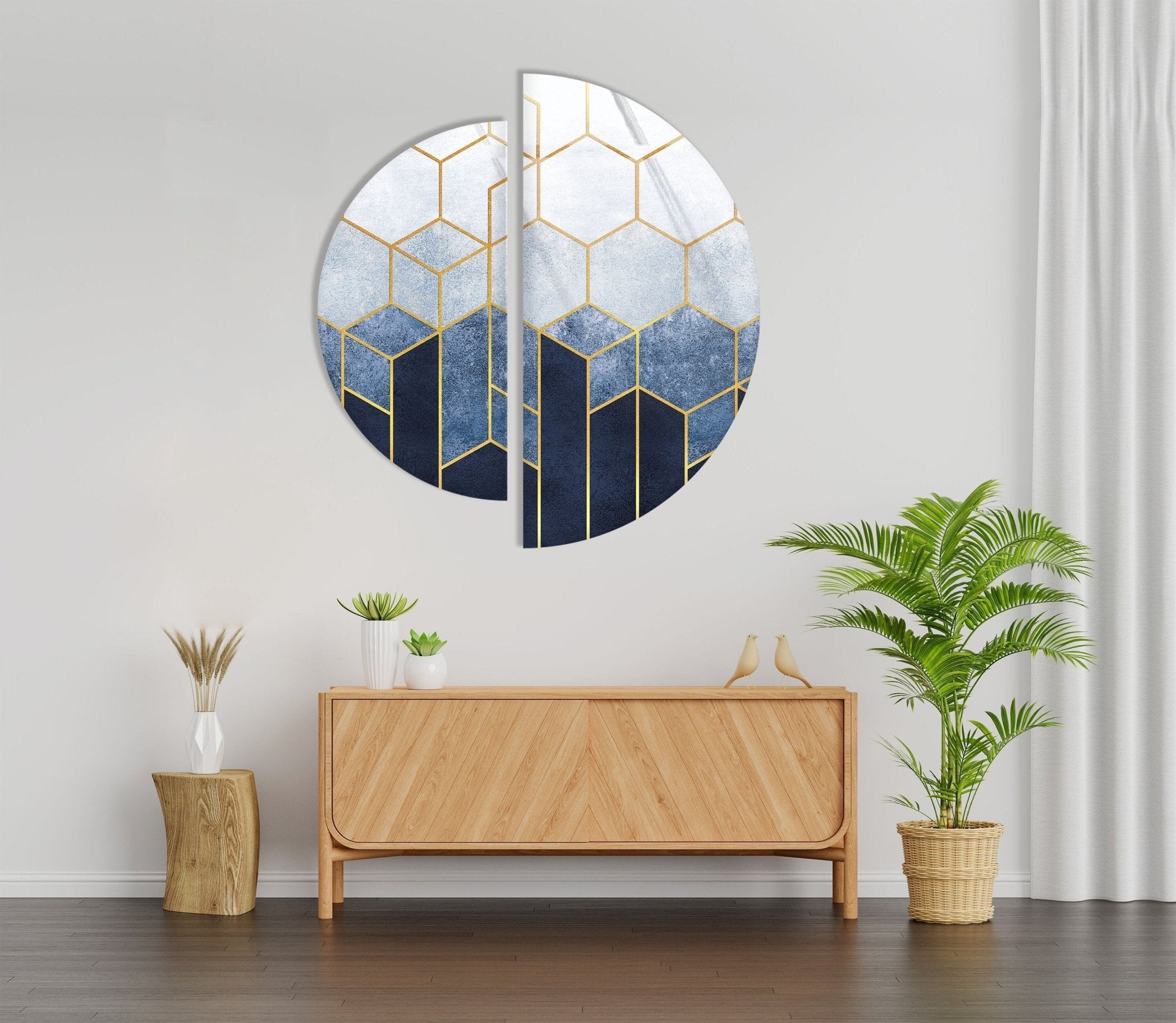 Abstract Hexagon Glass Wall Art Set of 2 - Modern Half Circle Geometric Decor for Living Room, Bedroom & Office - Handmade Glass Wall Hangings for Home & Office Decor