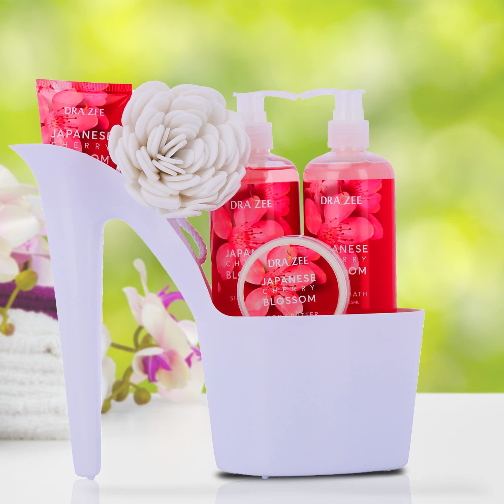 Luxury Spa Gift Set for Women - 4-Piece Bath & Body Basket with Rose, Cherry, Spearmint & Jasmine Scents | Includes Shower Gel, Bubble Bath, Loofah Puff, Body Butter & Lotion | Perfect Birthday, Mother's Day & Christmas Present | Relaxing Self-Care & Pampering Gift Idea