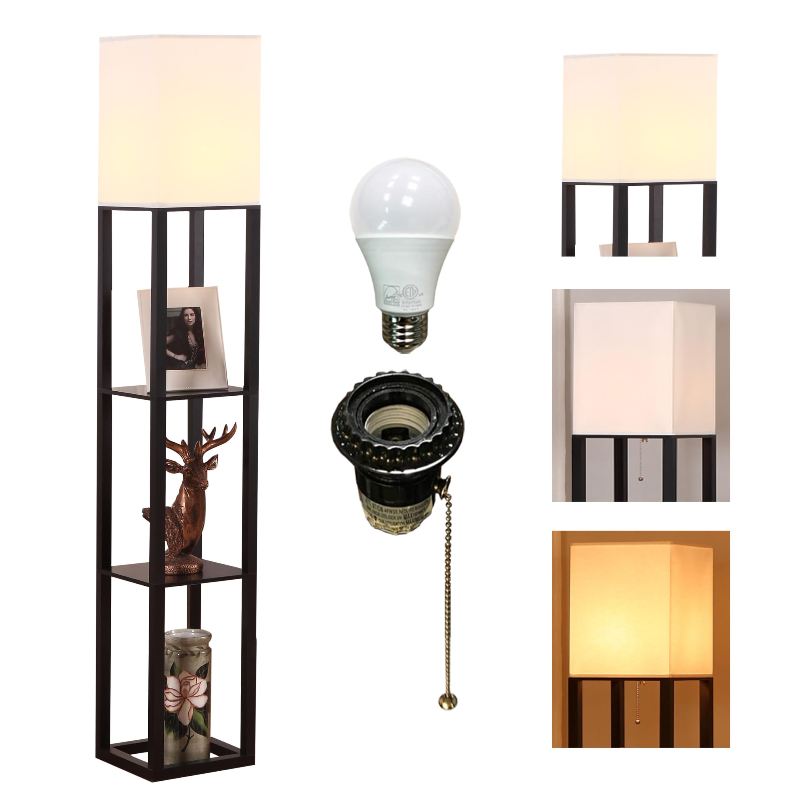 HomeFocus - Modern LED Shelf Floor Lamp with Display Shelves, White Linen Shade & Wooden Base in Black - Perfect for Living Room, Bedroom, or Office Lighting & Decor