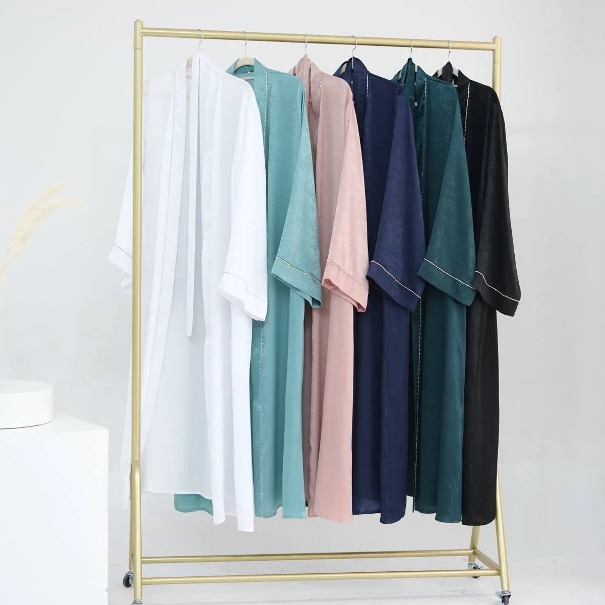 Elegant Muslim Women's Satin Cardigan Open Abaya Dress - Modest Islamic Prayer Dress for Home & Mosque