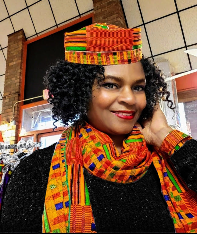 Elsieya Kente African Print Hat and Sash Set - Traditional Ghanaian Headwrap & Waist Scarf DP3227LH | Perfect for Cultural Events, Weddings, and Afrocentric Fashion