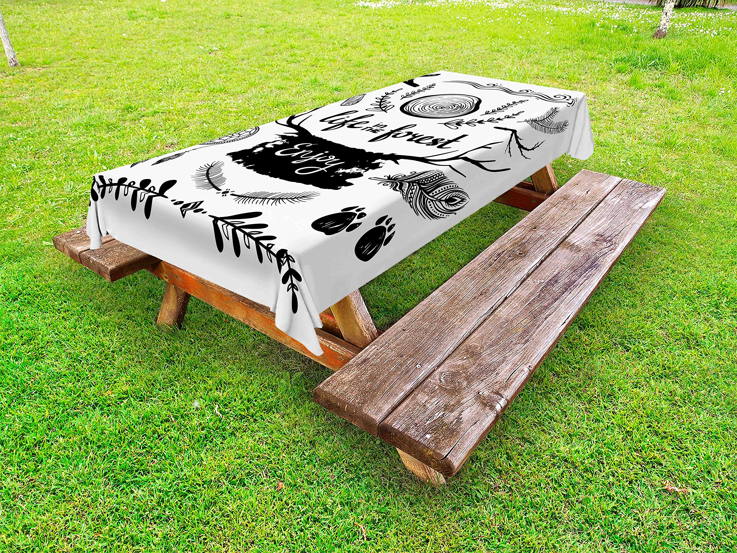 Ambesonne Adventure Outdoor Tablecloth - Forest Theme with Boho Details, Antlers, Tree Branches & Feathers - Washable Picnic Table Cover 58