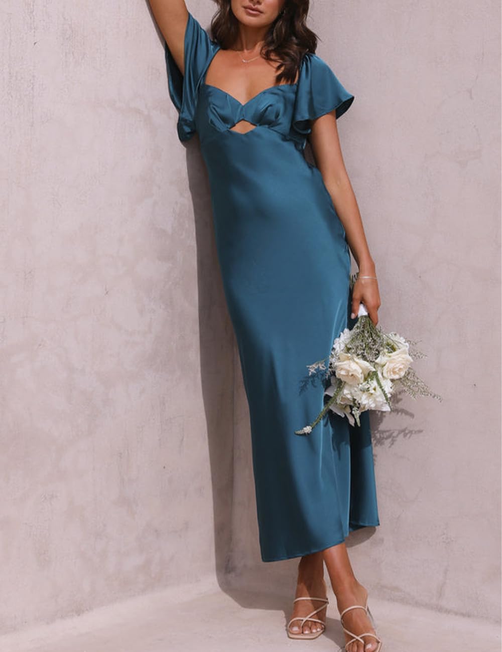 Elegant Summer Satin Flutter Sleeve Wedding Guest Dress for Women - Sweetheart Neckline, Cutout Back with Tie Detail, Midi Cocktail Dress | Perfect for Weddings, Parties & Special Occasions