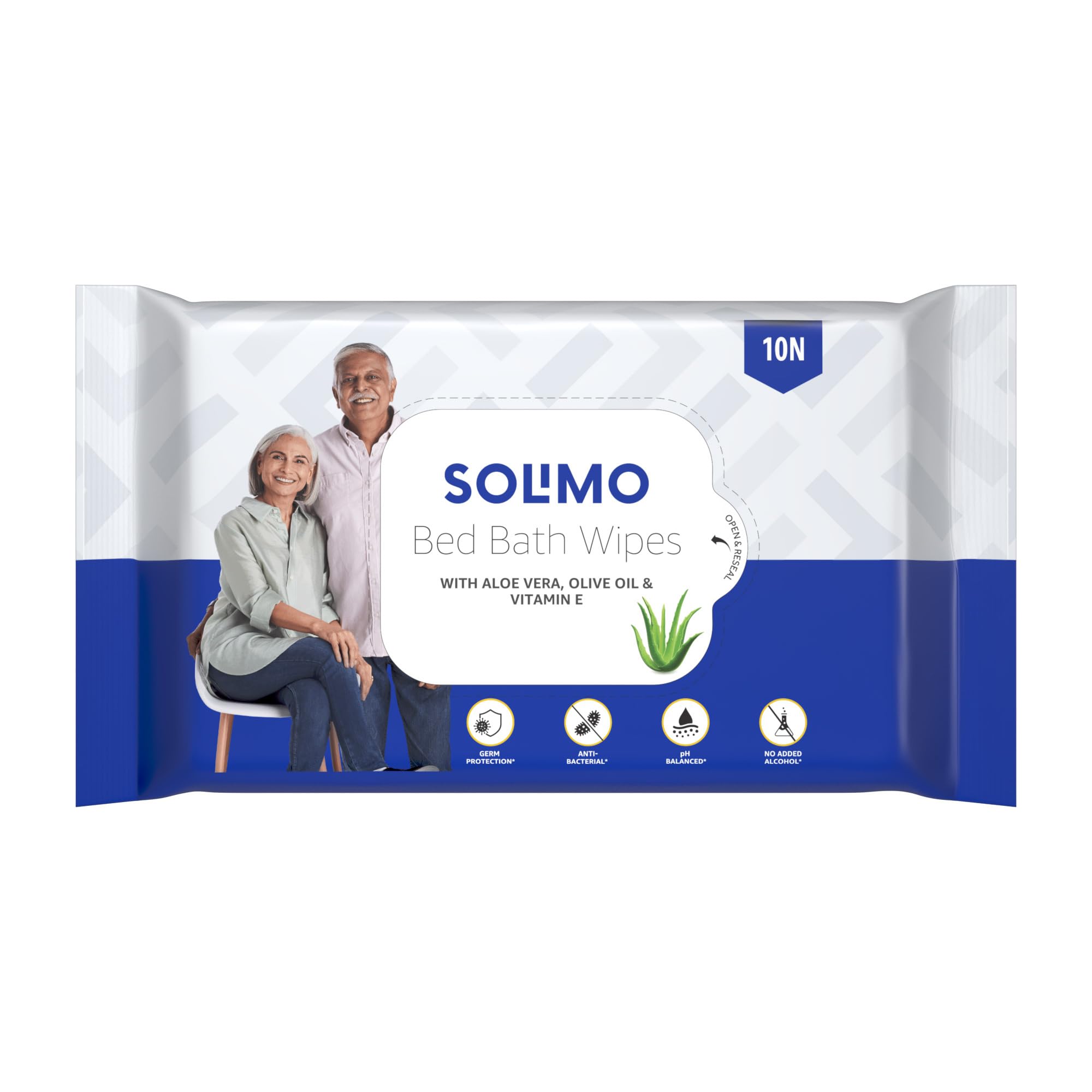 Solimo Adult Bed Bath Wipes - 100 Count (10 Packs x 10 Wipes) with Aloe Vera, Olive Oil & Vitamin E | Germ Protection, pH Balanced | Alcohol & Paraben Free | Ideal for Elderly Care, Post-Surgery Hygiene & Travel Convenience