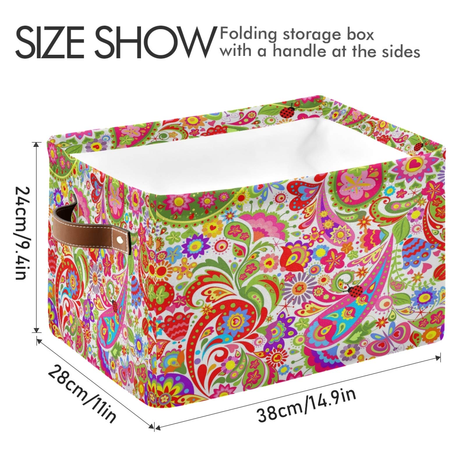 AUUXVA Collapsible Storage Basket - Durable Canvas Paisley Floral Cube Box with Handles for Toys, Clothes & Home Organization | Perfect for Bedroom, Closet, Shelf & Office Storage