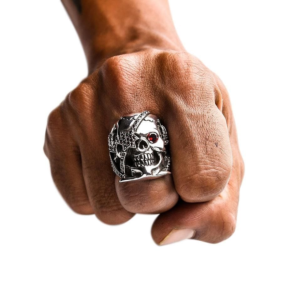 Sterling Silver Red Garnet Eye Crown Pirate Skull Ring for Men - Gothic Jewelry, Punk Accessory, Halloween Costume, Cosplay, Steampunk Fashion