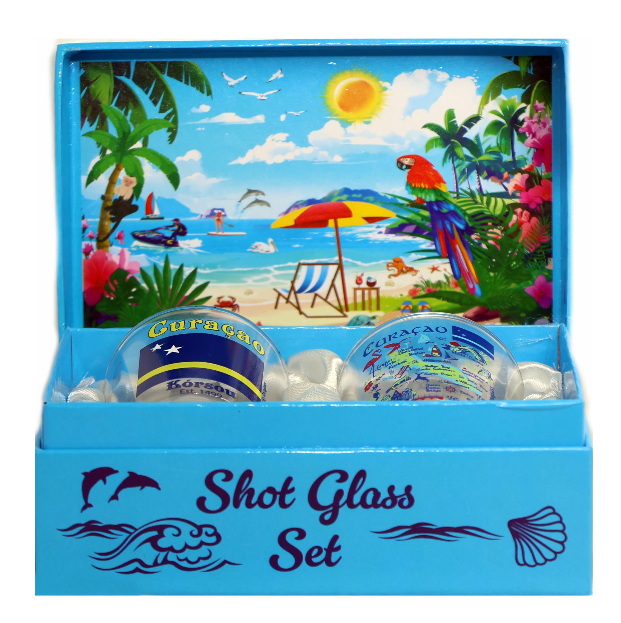 Premium Curacao Caribbean Boxed Shot Glass Set - Set of 2 Glass Cups for Tequila, Whiskey & Cocktails - Perfect for Parties, Bars & Home Entertaining