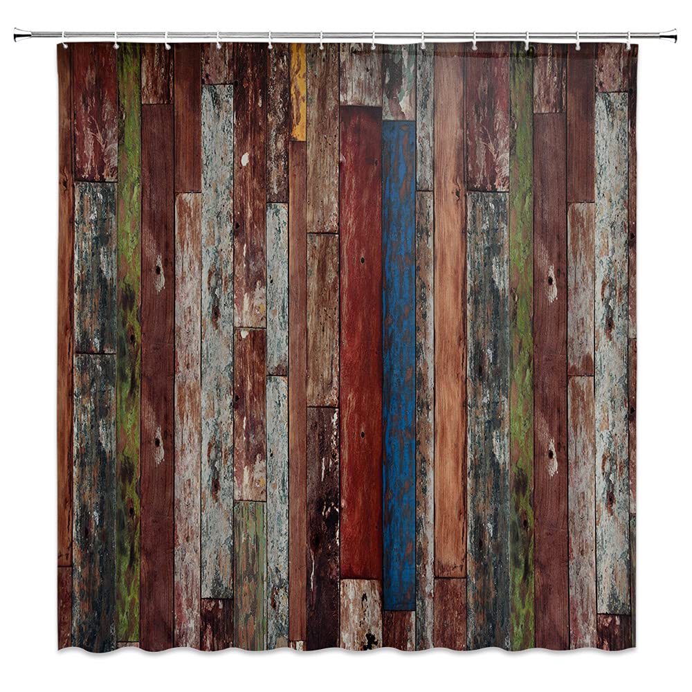 Antique Rustic Wooden Board Shower Curtain - Vintage Barn Door Design with Colorful Painted Hardwood Planks - Farmhouse Country Bathroom Decor Set with Hooks (59