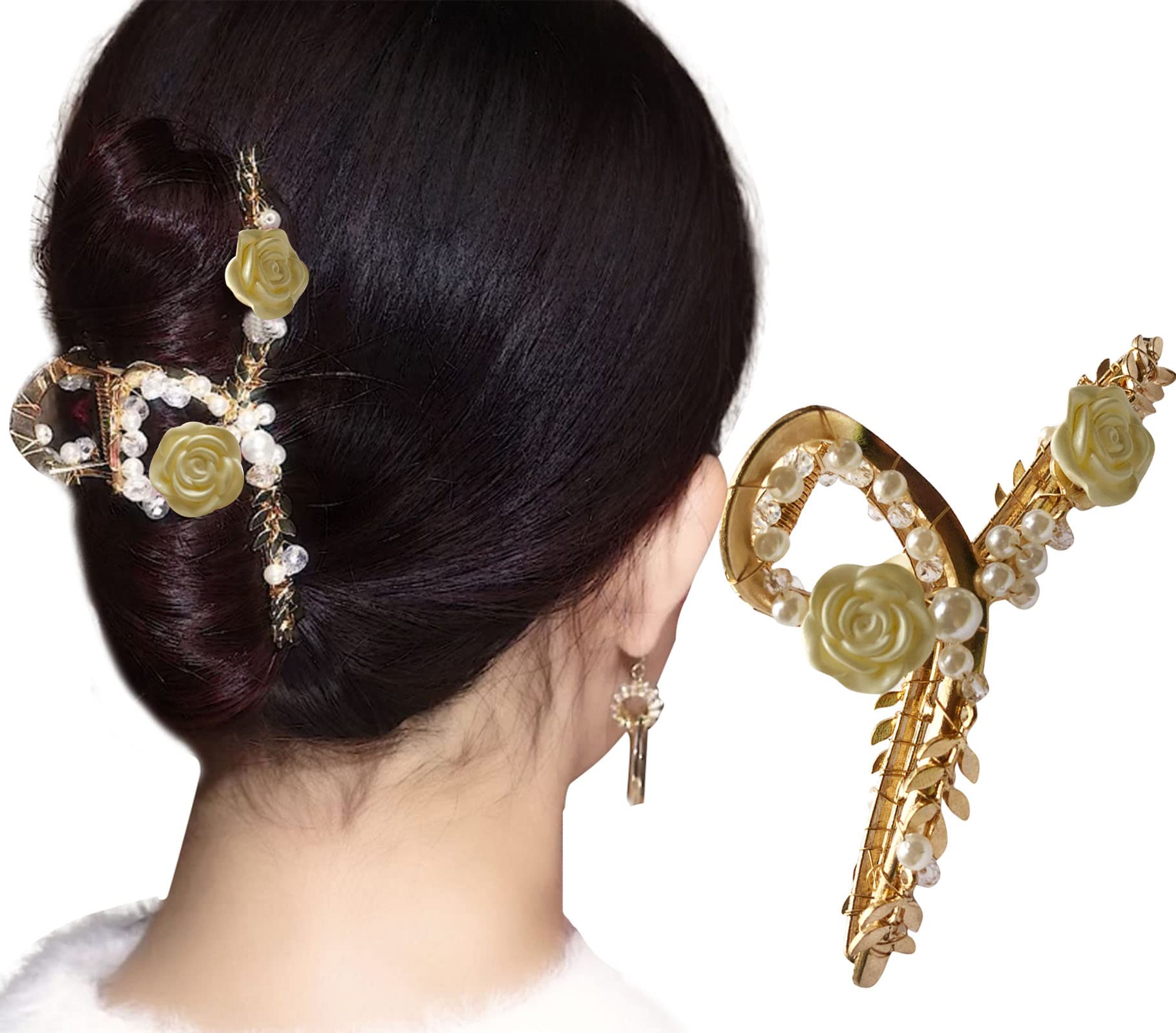 Pearl Rose Flower Hair Claw Clip - Strong Spring Tension Hair Jaw Comb with Teeth for Thick Hair - Hair Updo Grip Barrette for Women (Beige) | Perfect for Weddings, Parties, and Everyday Elegant Hairstyles