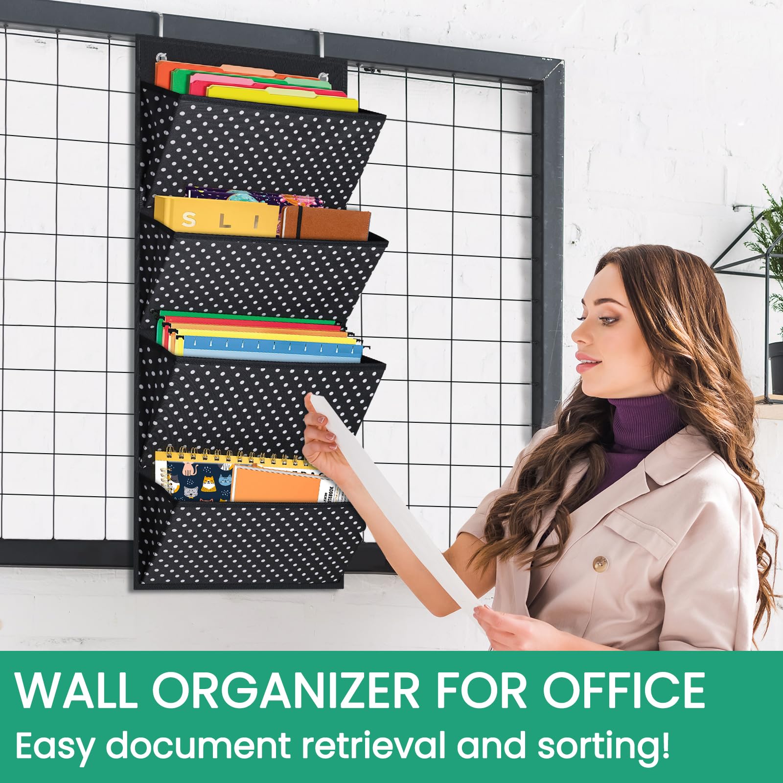 Godery Hanging Wall Organizer - 4 Pocket Fabric File Organizer for Office Supplies, Notebooks, Planners & Mail - Wall Mount & Over The Door Storage Solution for Home & Office Organization (White Spot) - Perfect for Desk, Closet & Entryway Organization