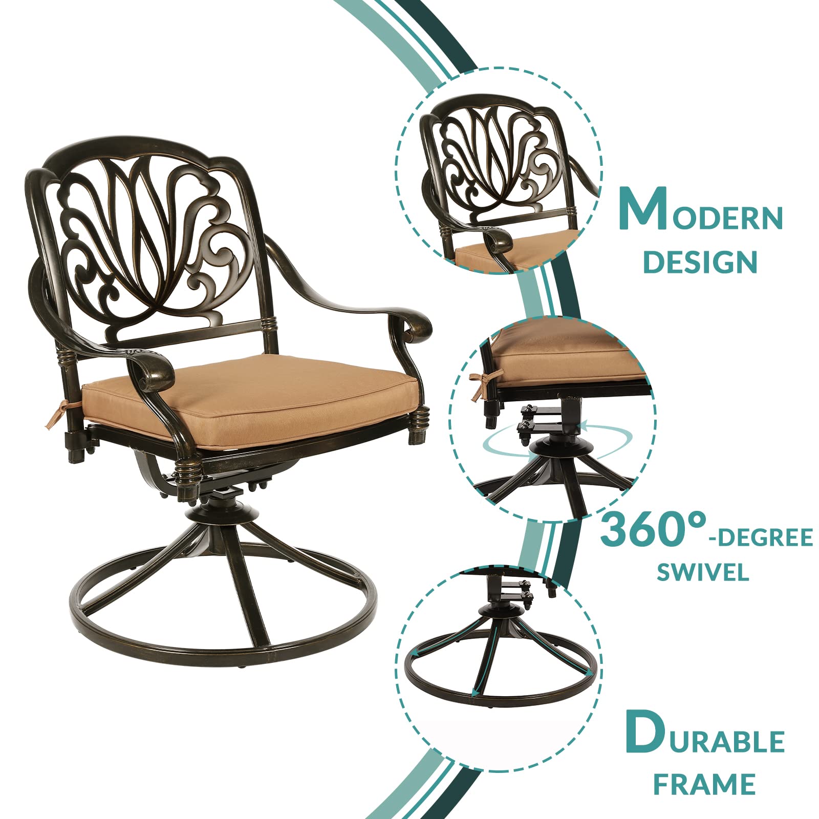 MEETWARM 2-Piece Outdoor Swivel Rocking Chairs - All-Weather Cast Aluminum Patio Dining Set with Cushions - Dark Bronze - Perfect for Garden, Deck, Backyard, and Poolside Relaxation