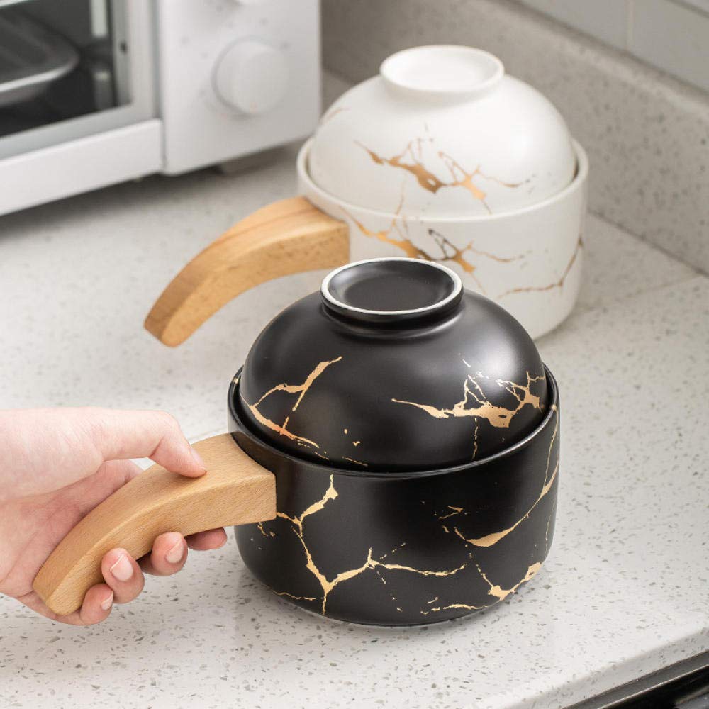 Ceramic Dessert Plate with Wooden Handle Lid - Dark Green Bubble Noodle Bowl | Perfect for Ice Cream, Pudding, and Asian Noodle Dishes