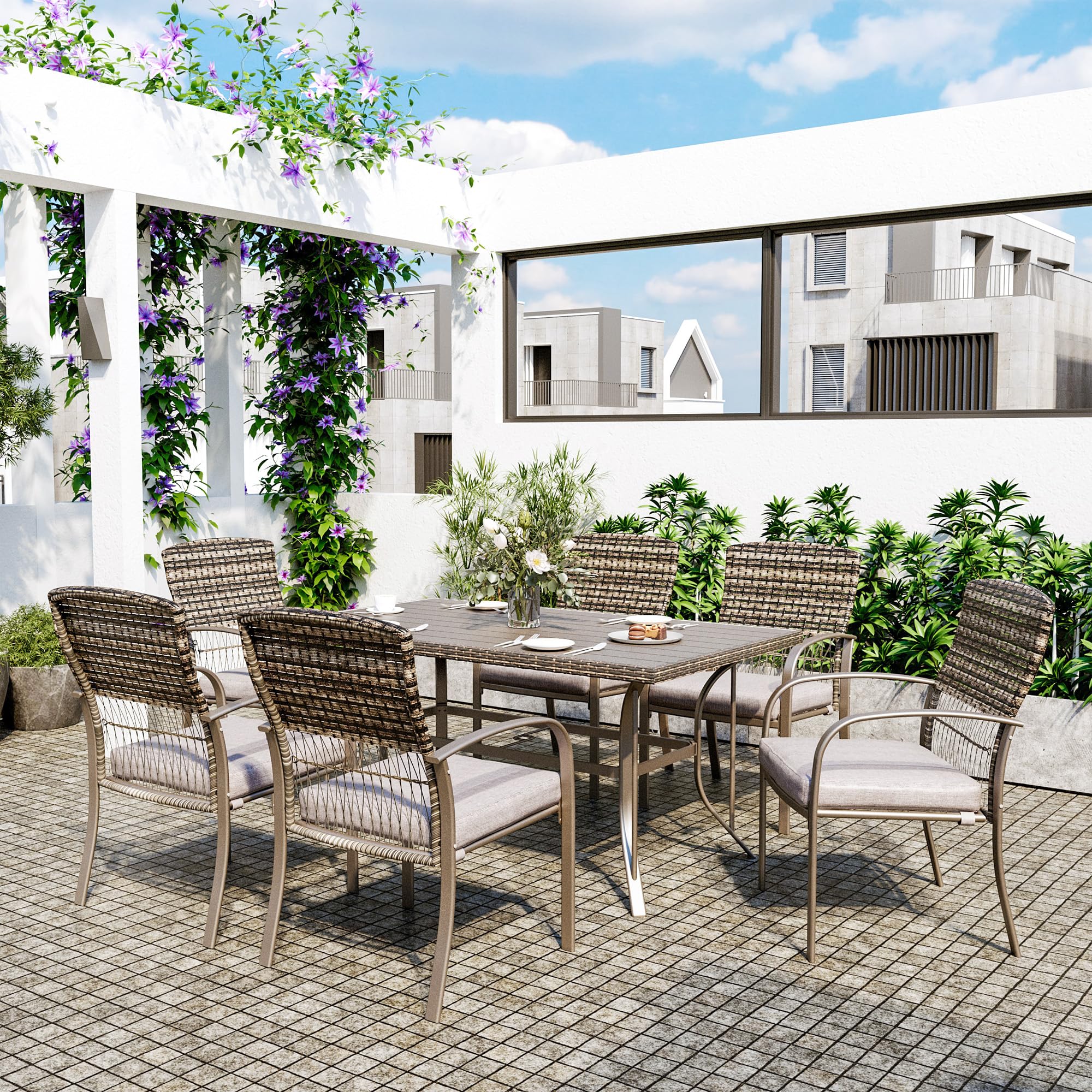 Pamapic 6-Piece All-Weather Rattan Outdoor Dining Set with Removable Waterproof Cushions & Umbrella Hole - Patio Table and Chairs for Backyard, Garden, Poolside (Gray)