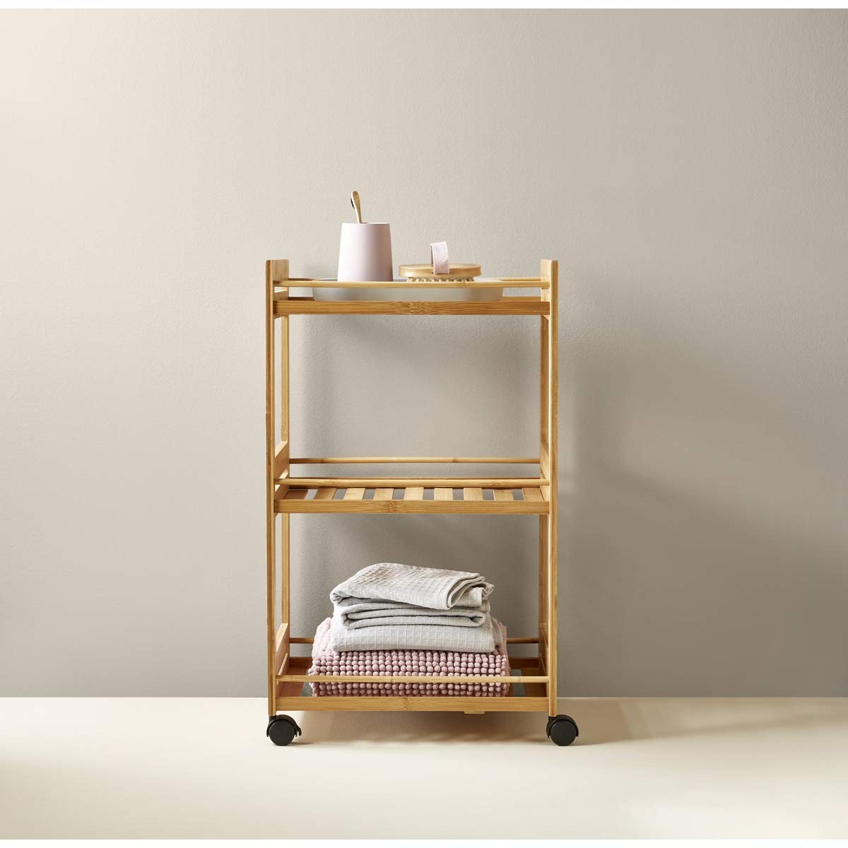 Anko 3-Tier Bamboo Rolling Cart with Wheels - Multi-Purpose Storage Organizer for Bathroom, Kitchen, Laundry & Office - Space-Saving Linen Shelf & Mobile Storage Solution