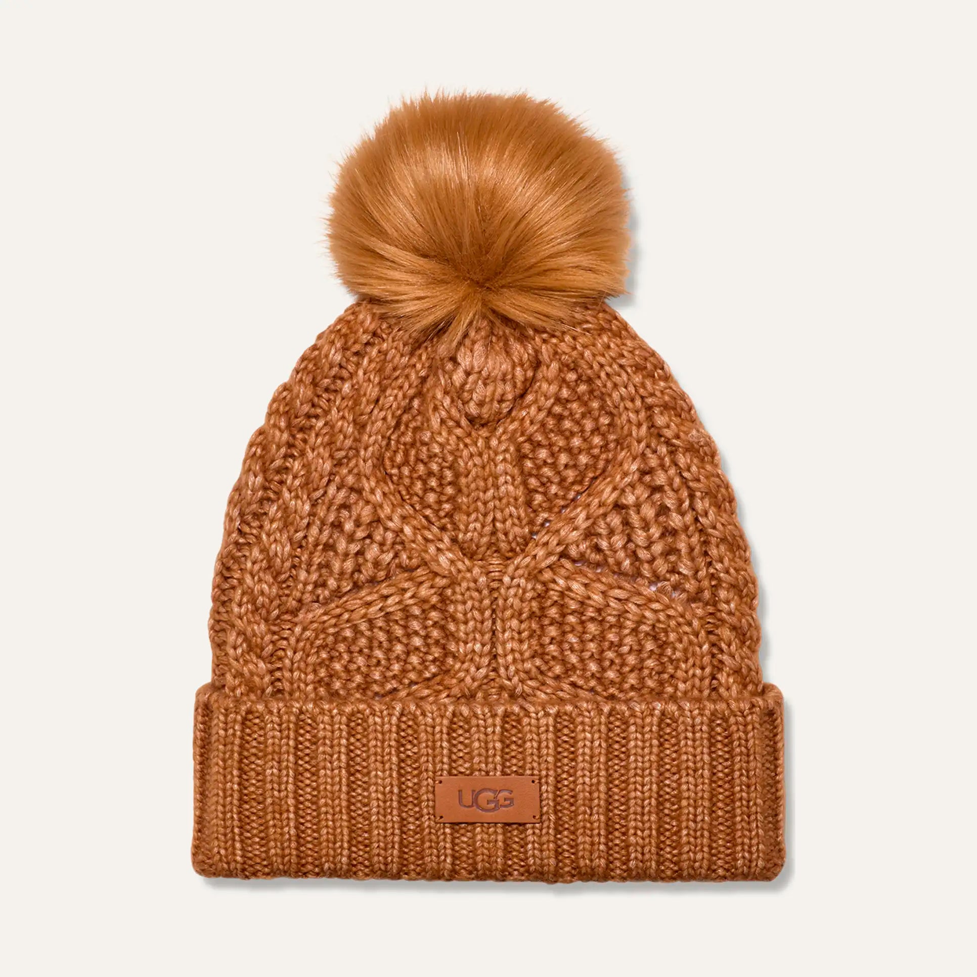 UGG Women's Cable Knit Beanie with Faux Fur Pom - Winter Warm Hat for Cold Weather & Outdoor Activities