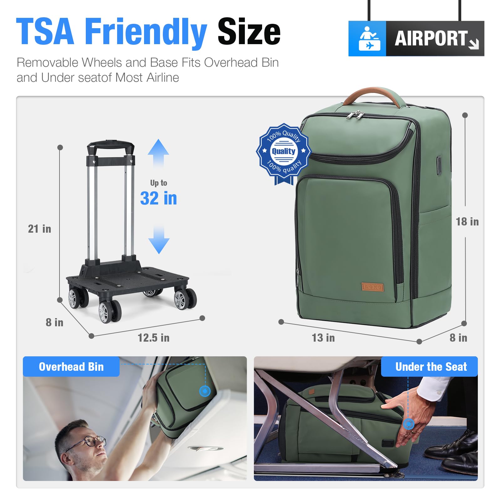 **18 Inch Waterproof Rolling Backpack with 360° Wheels – Airline Approved Convertible Travel Backpack for 15.6