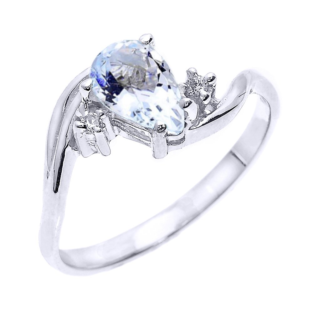 10k White Gold Pear Shaped Aquamarine and Diamond Birthstone Engagement Ring for Women - March Birthstone Proposal Ring, Size 6 - Perfect for Anniversary, Valentine's Day & Special Occasion Gifts