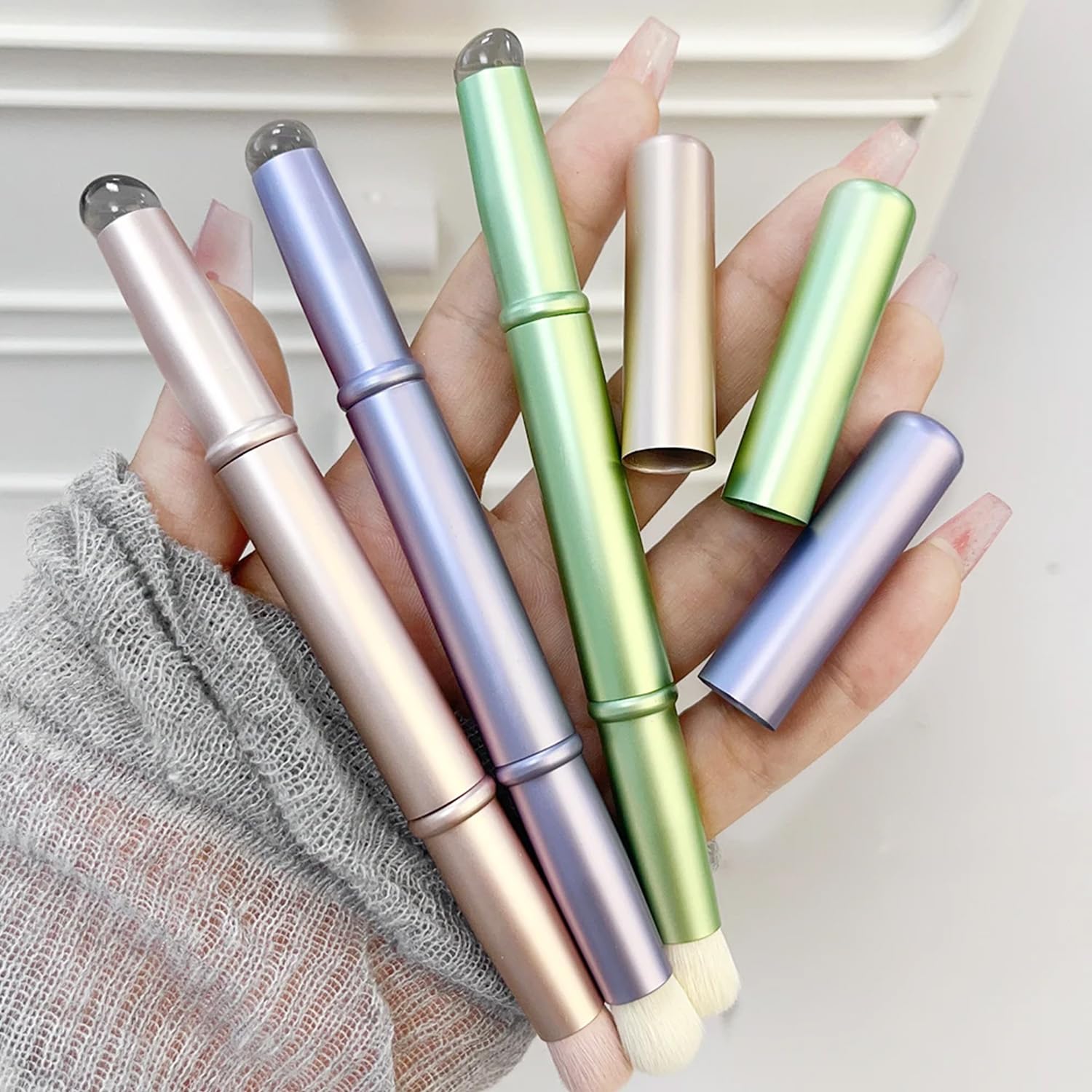 WOKOTO 3-Piece Double Headed Nail Art Brush Set - Chrome Gold, Blue & Green Silicone Ombre Brushes with Dust Brush for Gradient Nail Designs | Professional Acrylic Nail Painting Tools for Salon & Home Manicures