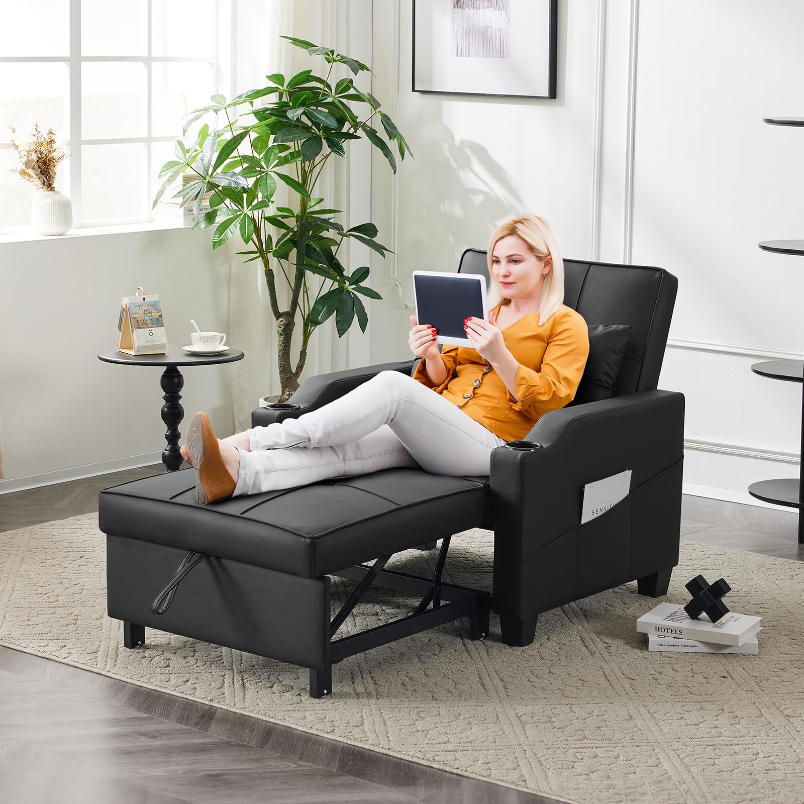 VINGLI 3-in-1 Convertible Sleeper Sofa Chair Bed - Recliner with Adjustable Backrest, USB Ports & Cup Holders - Black Daybed Pull Out Couch for Small Spaces - Perfect for Living Room, Guest Room & Studio Apartments