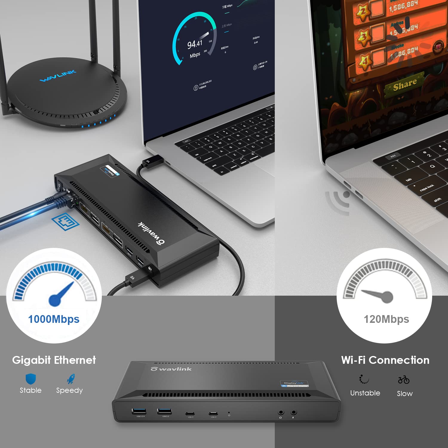 WAVLINK USB C Universal Docking Station with 60W Power - Dual 4K HDMI & DisplayPort, Gigabit Ethernet, 4 USB 3.0 & 2 USB C Ports - Ideal for Home Office, Remote Work & Multi-Monitor Setup