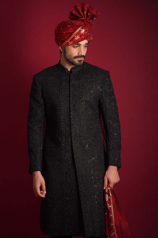Elegant Jet Black Persian Zardozi Embroidered Sherwani for Men | Traditional Indian Wedding Attire | Perfect for Grooms, Festivals & Special Occasions