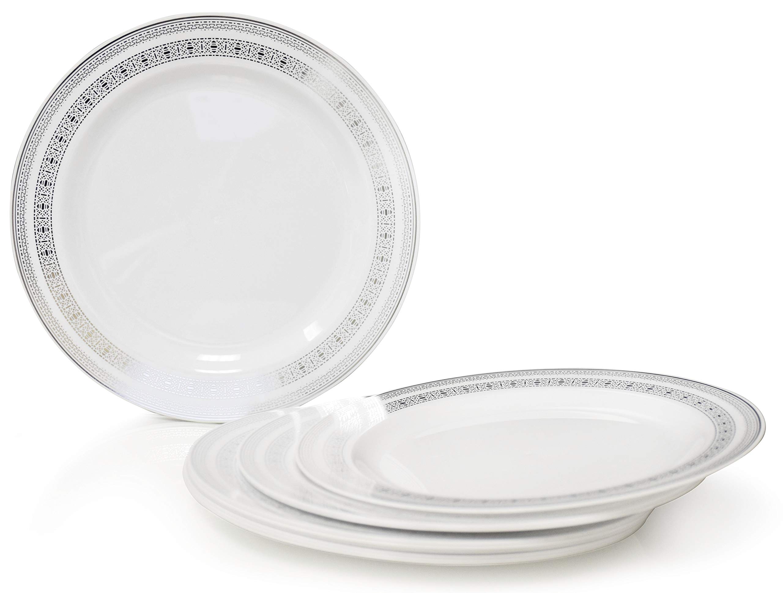 560-Piece Heavyweight Disposable Plastic Plate Set for Weddings & Parties - Includes 80 x 10.5'' Dinner Plates, 80 x 6.25'' Dessert Plates, Silverware, Cups & Napkins (White & Silver Lace Design) - Perfect for Large Gatherings, Bridal Showers & Special Events