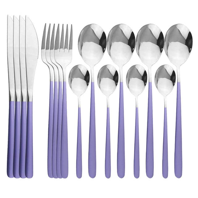 Premium 16-Piece Stainless Steel Flatware Set - 304 Grade Silverware (Green Gold/Purple Silver) - Elegant Knives, Forks & Spoons for Dining, Wedding Gifts & Home Kitchen - Perfect for Formal Dinners, Holiday Meals & Restaurant-Style Table Settings - Ideal for Dinner Parties, Family Gatherings & Upscale Restaurant Use