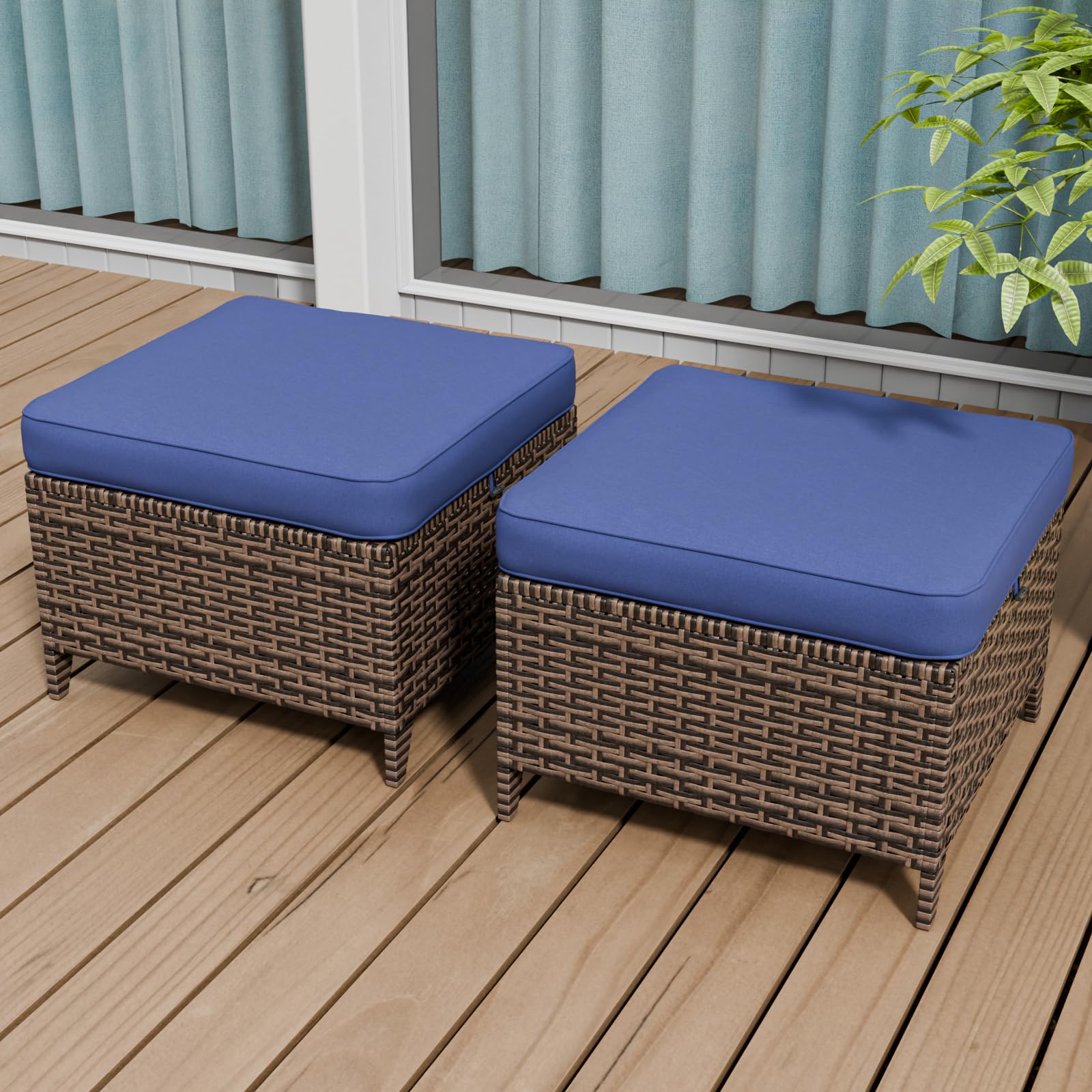 EAGLE PEAK 2-Piece Wicker Patio Ottoman Set with Weather-Resistant Cushions - Blue Outdoor Furniture for Deck, Backyard & Poolside Relaxation | Perfect for Lounging, Entertaining & Coastal Decor