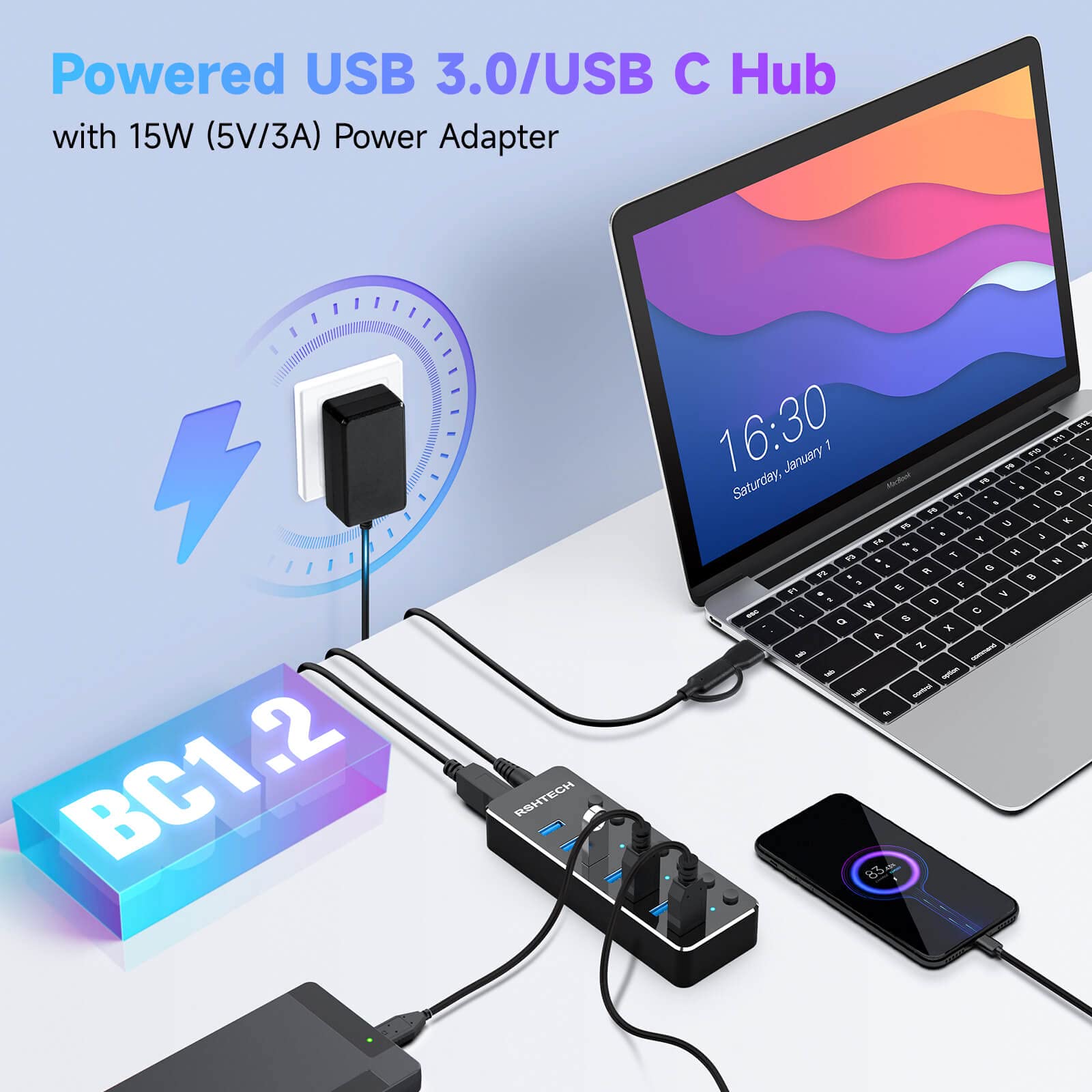 RSHTECH 7-Port USB 3.0 & USB C Hub with 2-in-1 Cable - Aluminum USB Splitter with 5V 3A Power Adapter & Individual Switches - USB Port Expander for Laptop, PC, MacBook - Perfect for Home Office, Gaming & Multi-Device Charging