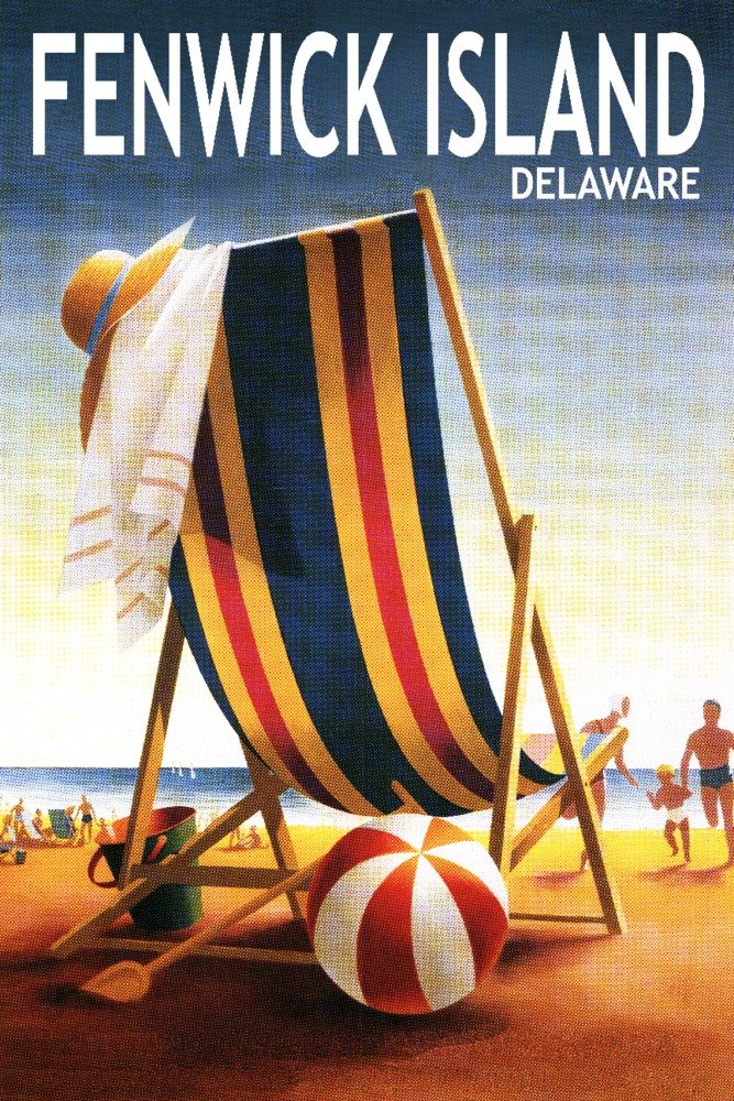 Fenwick Island Delaware Beach Chair and Ball 66986 - 24x36 Signed Art Print - Coastal Wall Decor Poster for Living Room, Bedroom & Beach House