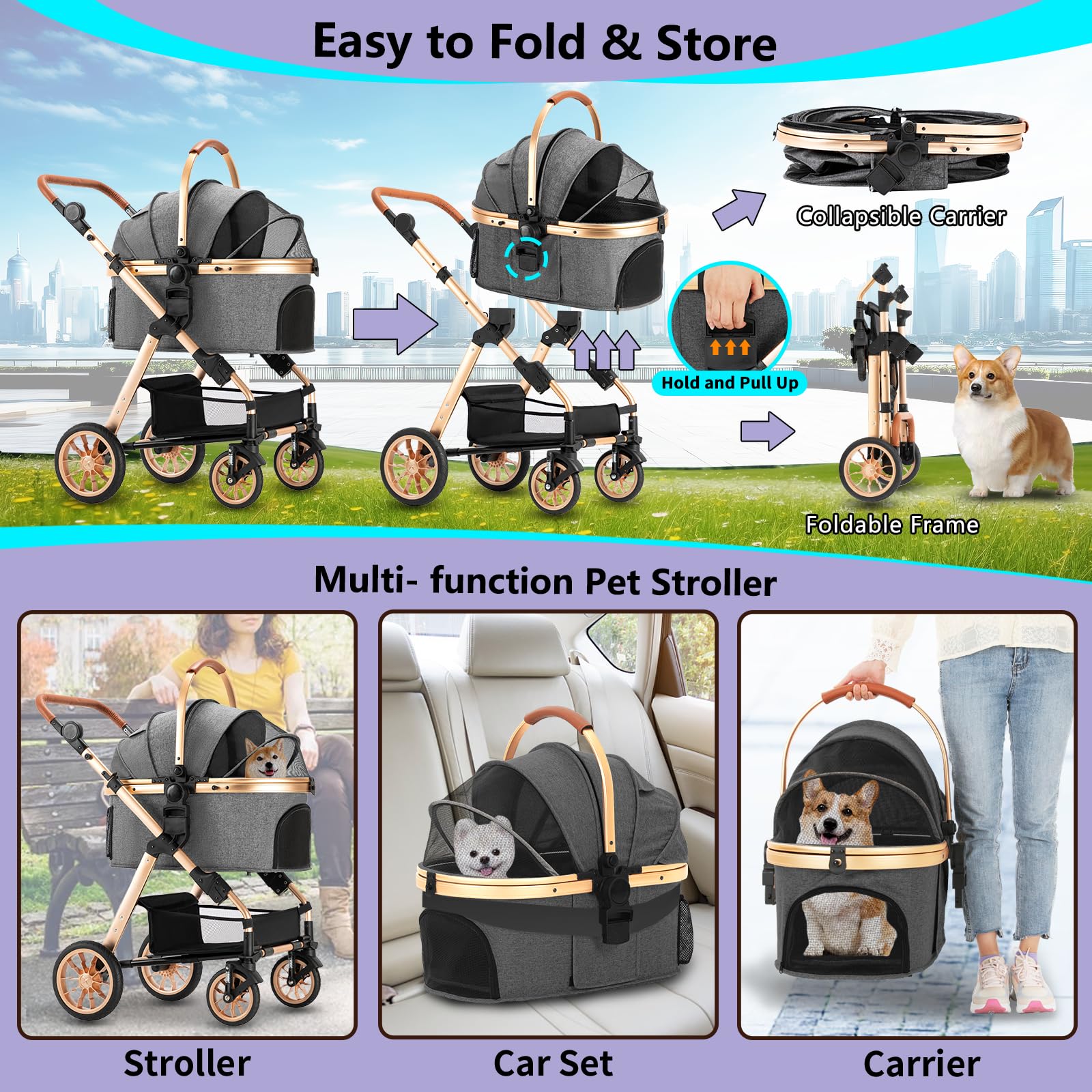 Foldable Lightweight Pet Stroller for Small & Medium Dogs - Portable Dog Carrier with Detachable Storage Basket (Gray) - Perfect for Walks, Travel & Outdoor Adventures