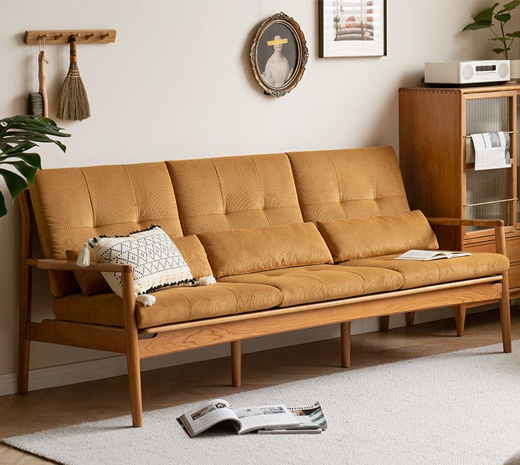 Vintage Oak Solid Wood Rattan Sofa - Convertible 2-in-1 Couch & Daybed for Living Room, Bedroom or Patio