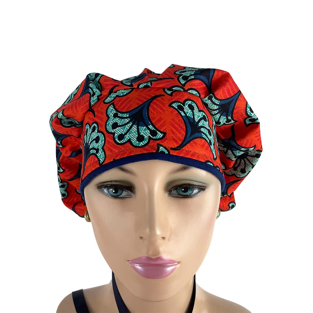 Black History Month Orange Floral Bouffant Medical Scrub Cap with Sweatband - Unisex Surgical Hat for Doctors & Nurses - Ponytail-Friendly Design for Healthcare Professionals - Perfect for Hospitals, Clinics & Medical Offices