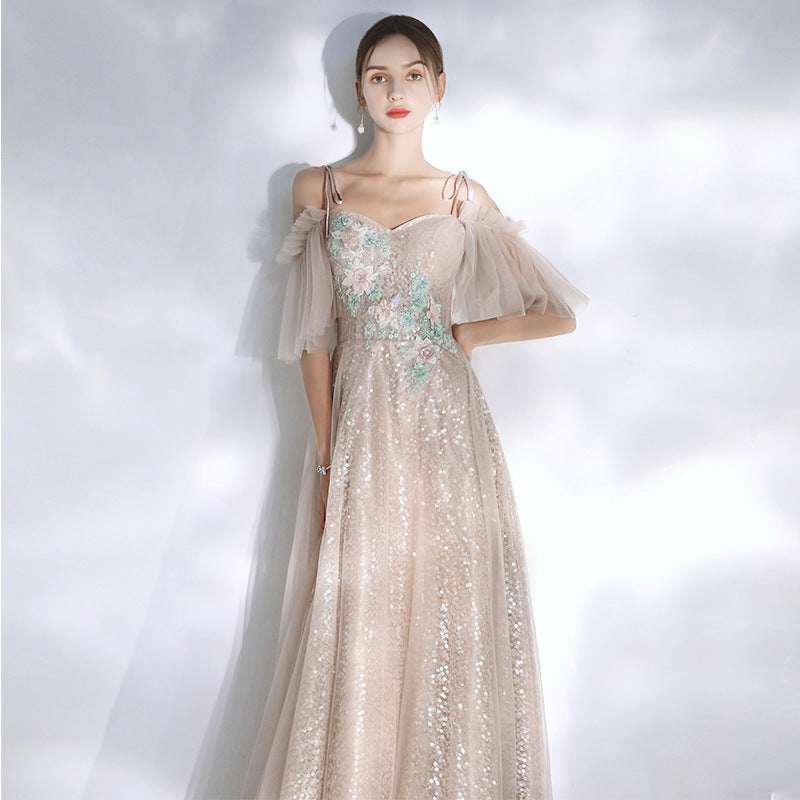 Elegant Off Shoulder Champagne Prom Dress - Shiny Formal Evening Gown for Homecoming, Wedding, Party & Special Occasions