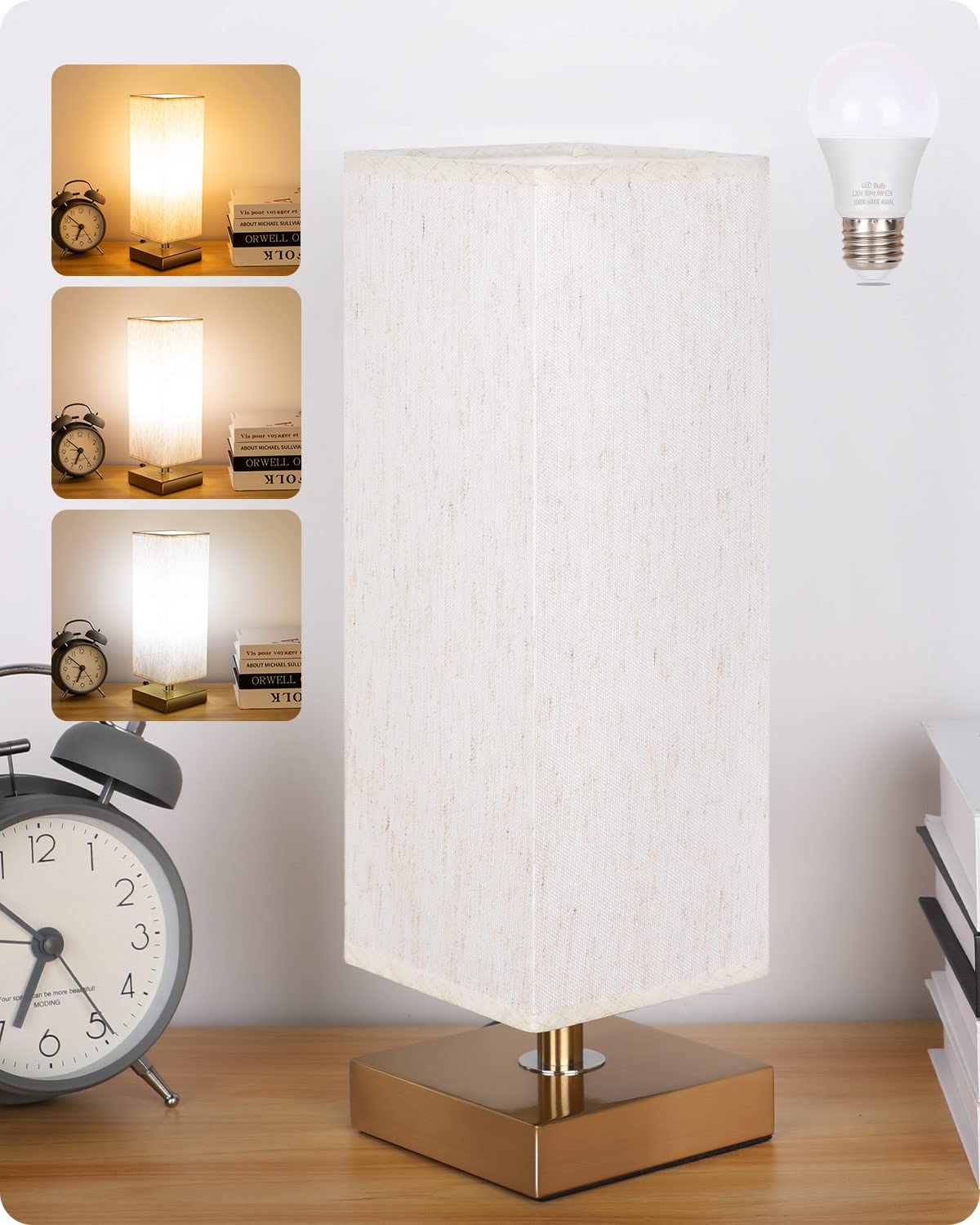 Modern Bedside Table Lamp - 3-Color Adjustable LED Nightstand Lamp with Brushed Brass Metal Base & Fabric Shade for Bedroom, Living Room, Office & Dorm - Perfect for Reading, Working & Relaxing (Bulb Included)