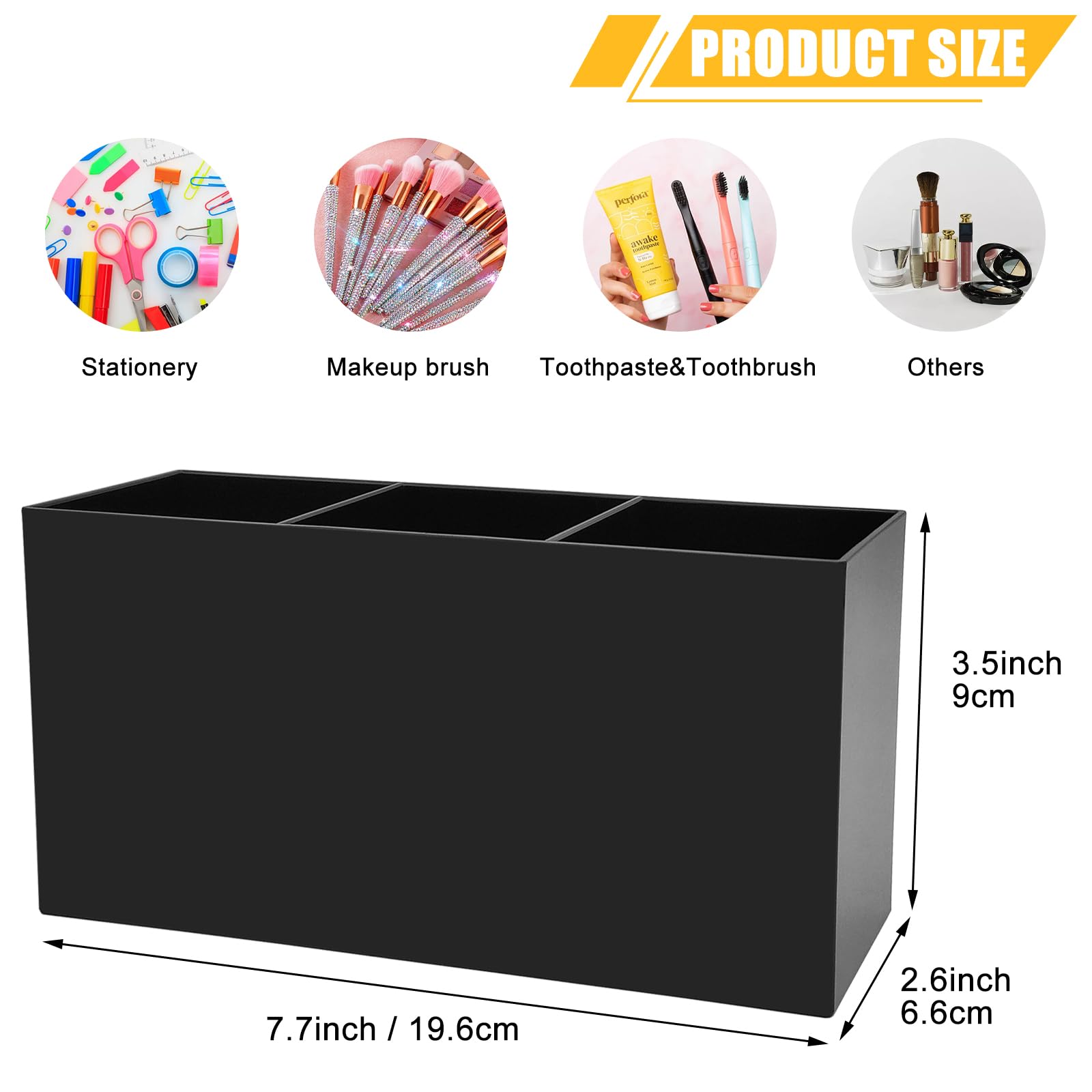 Black Acrylic Makeup Brush Organizer with 3 Slots - Cosmetic Brush Storage Holder & Desk Pencil Pen Organizer - Perfect for Vanity, Bathroom Counter, and Office Desk Accessories