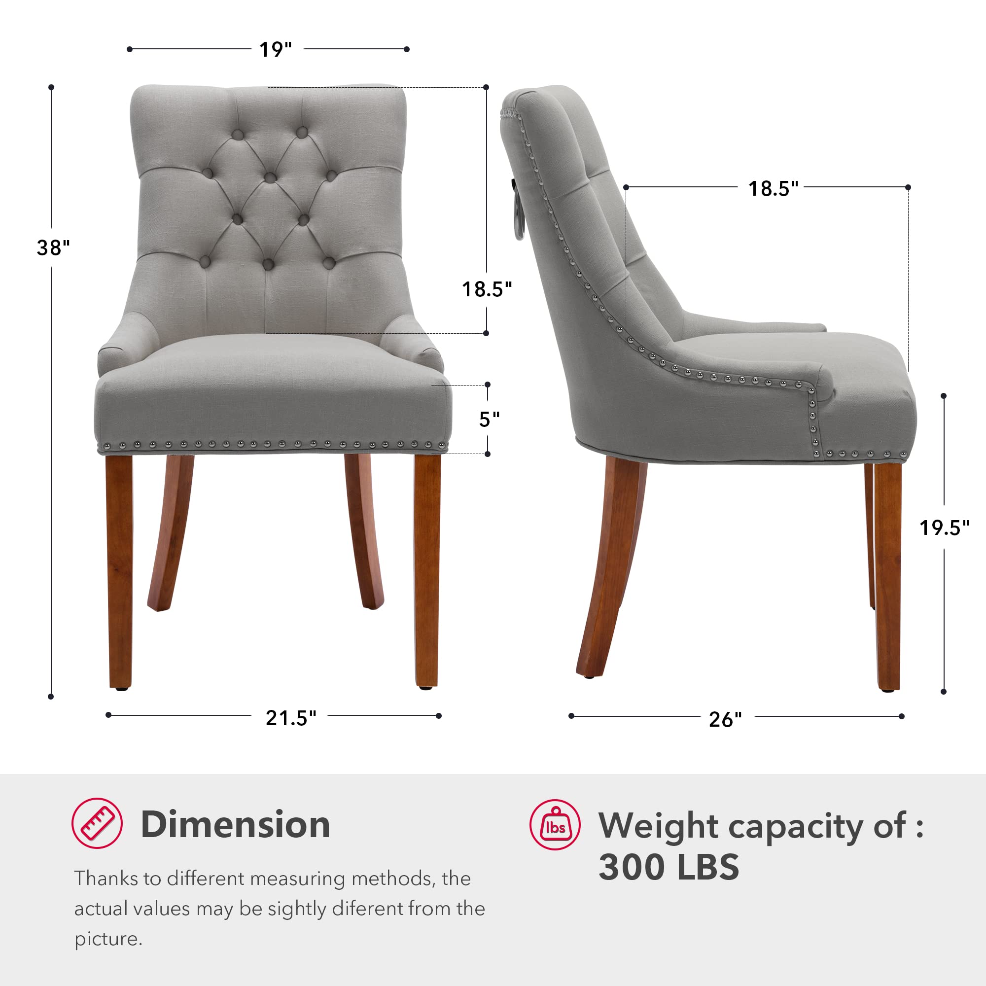 Set of 2 Modern Fabric Dining Chairs - Comfortable Upholstered Kitchen Chairs with Steel Pull Ring & Brown Rubber Wood Legs, Grey - Perfect for Dining Room, Kitchen, Breakfast Nook & Small Spaces