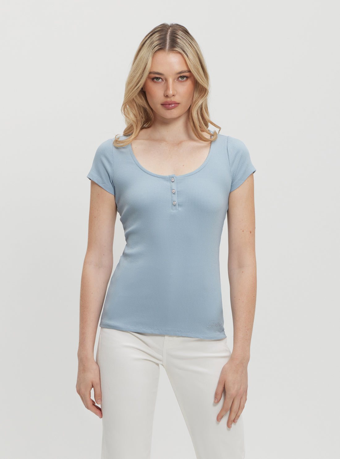 Eco Blue Karlee Jewel Henley T-Shirt for Women - Soft Cotton Casual Tee with Jewel Neckline - Perfect for Everyday Wear, Office & Weekend Outfits